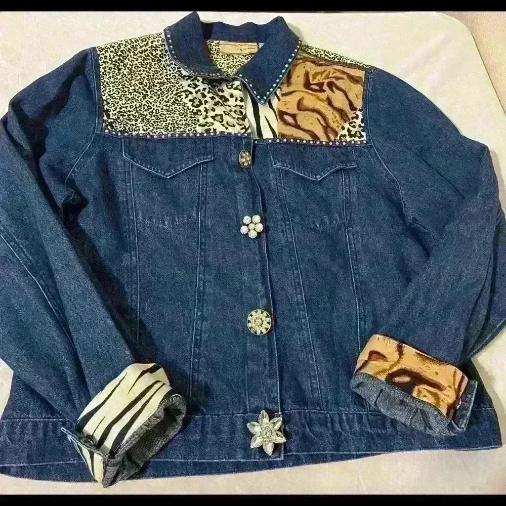 Carrie Allen Zebra Leopard Tiger embellished jean jacket